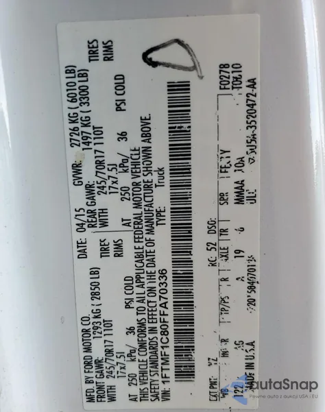 2015 Ford F150 from USA, damaged, VIN 1FTMF1C80FFA70336